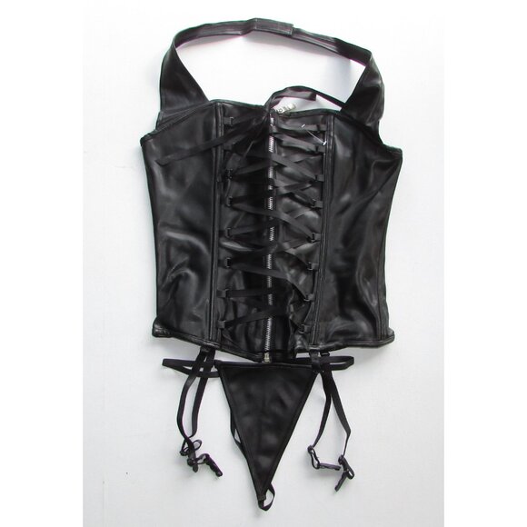 Black Pleather Halter Corset Set - NEW - Picture 2 of 11